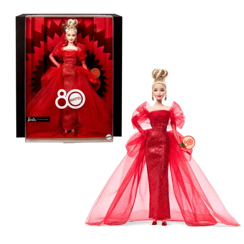 Barbie 80-vuotisjuhlan keräilynukke rubiininpunaisessa mekossa