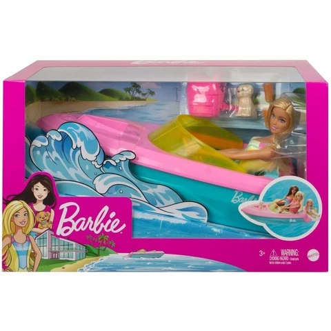 Barbie doll, boat and puppy