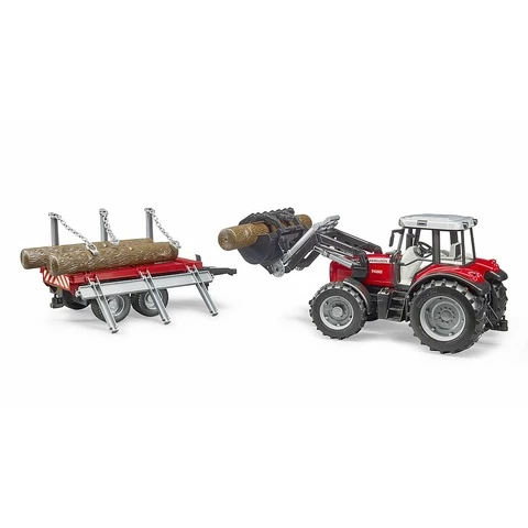 Bruder Massey Ferguson 7480 tractor with front loader and log cart with supports