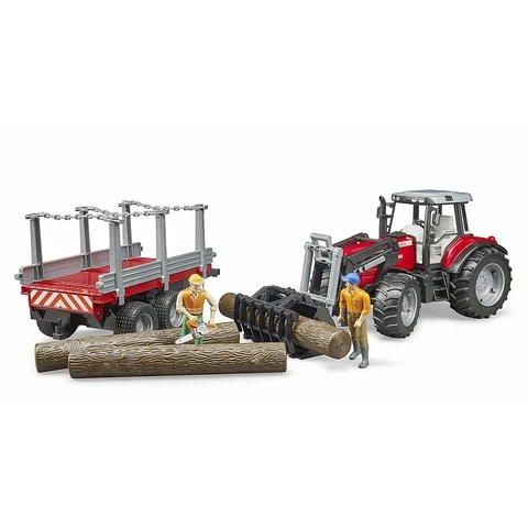 Bruder Massey Ferguson 7480 tractor with front loader and log cart with supports