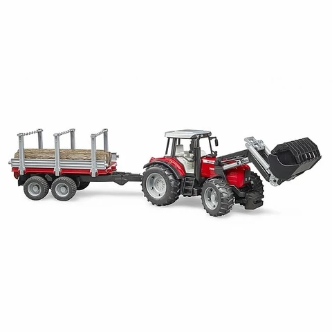 Bruder Massey Ferguson 7480 tractor with front loader and log cart with supports