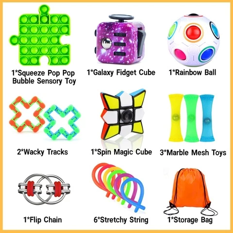 Fidget Pop It Toys set (17 pcs) + orange bag