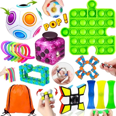 Fidget Pop It Toys set (17 pcs) + orange bag