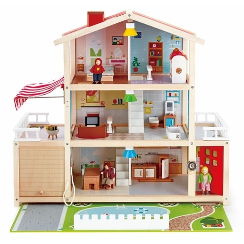 Hape Wooden furnished dollhouse with lights