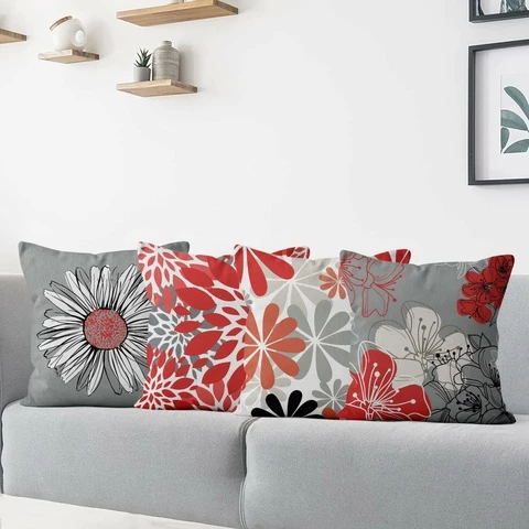 Koristetyynynpäälliset kukat harmaa- punaiset 4 kpl setti, eri kokoa (40x40)