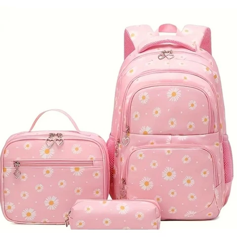 Koulureppu, eväslaukku ja penaali kukka/pinkki
