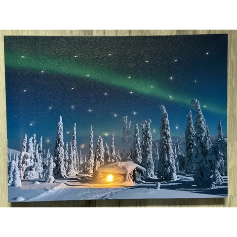 LED-taulu Revontulet Mustavaaran autiotupa 30x40cm