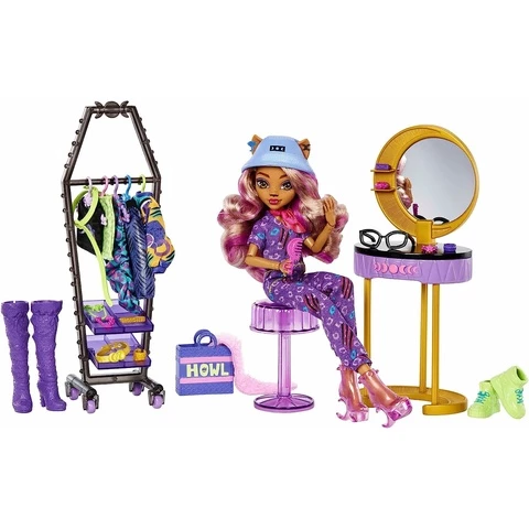 MONSTER HIGH Clawdeenin meikkipyötä, vaaterekki, asusteet ja nukke