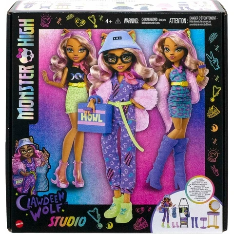 MONSTER HIGH Clawdeenin meikkipyötä, vaaterekki, asusteet ja nukke