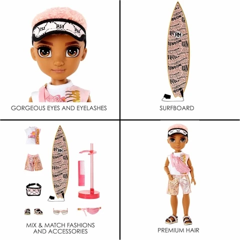 Rainbow High Pacific Coast Finn Rosado poikka-nukke ja surffilauta